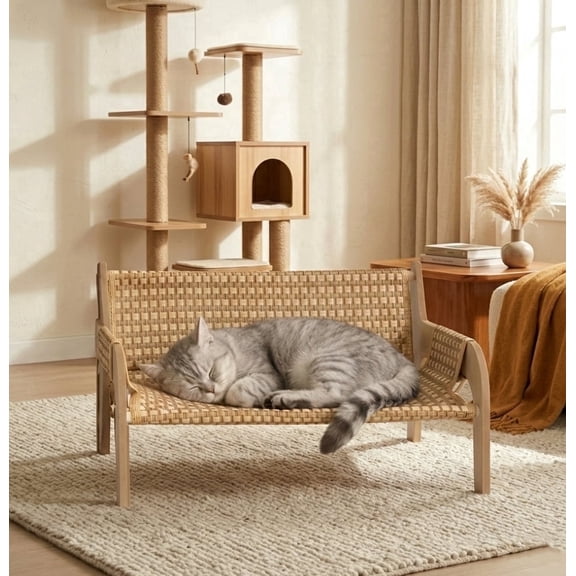 Lightweight Summer Pet Sofa Bed with Raised Cushion, Solid Wood Pet Lounger, Dog Sofa Bed, Cat Sofa, Modern Pet Furniture, Thick Padding, Sturdy Construction, Suitable for All Seasons