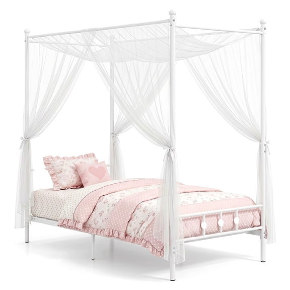 Costway Twin Size Metal Canopy Bed Frame with Headboard & Footboard Metal Slat Support White