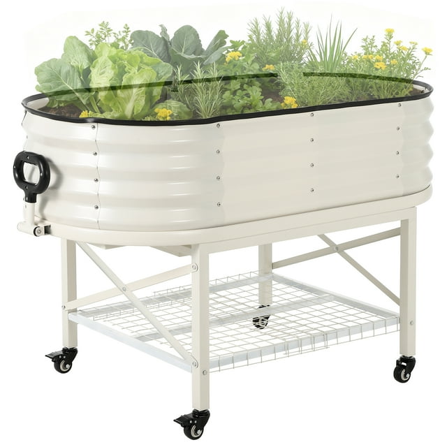 Yeshouse Cama de jardín elevada ovalada grande con patas y ruedas, jardinera de acero galvanizado grueso, ideal para jardinería en interiores y exteriores, flores y verduras