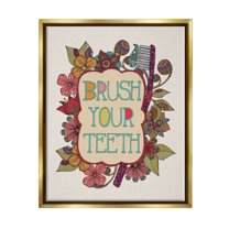 Stupell Industries Intricate Floral Shapes Brush Your Teeth Toothbrush Graphic Art Metallic Gold Floating Framed Canvas Print Wall Art, Design by Valentina Harper