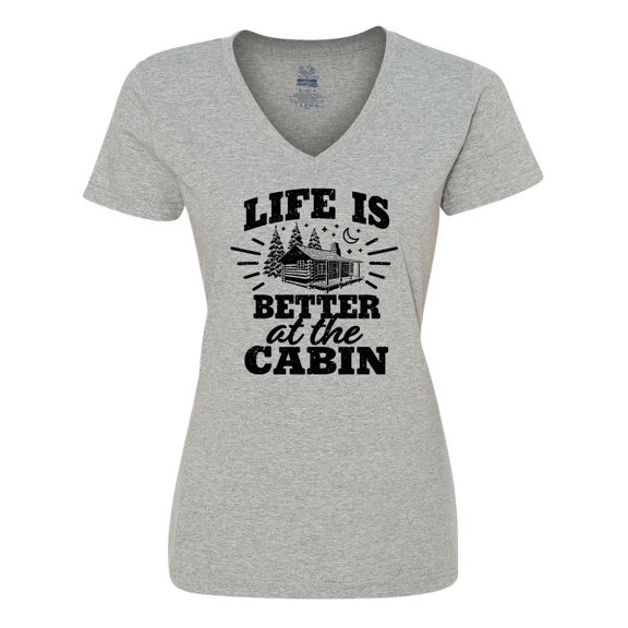 Inktastic Life is Better at the Cabin with Trees and Moon Women's V-Neck T-Shirt