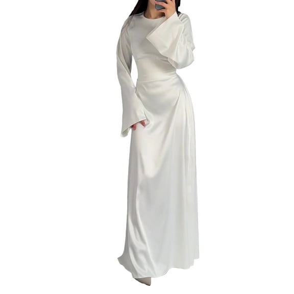 XXXITICAT Women's Satin Long Sleeve Round Neck Back Lace Up Maxi Dress(WH,S)