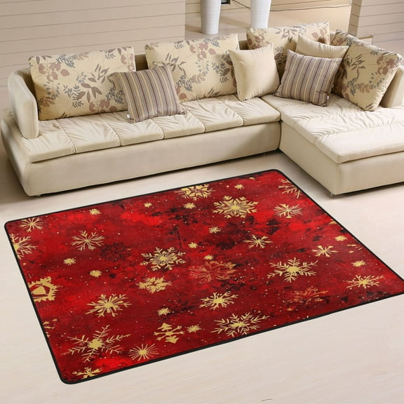 Non-Slip Area Rug 36"x24" Indoor Washable Floor Mats Carpet Printed for Living Room, Bedroom, Home Decor Red and Gold Snowflakes