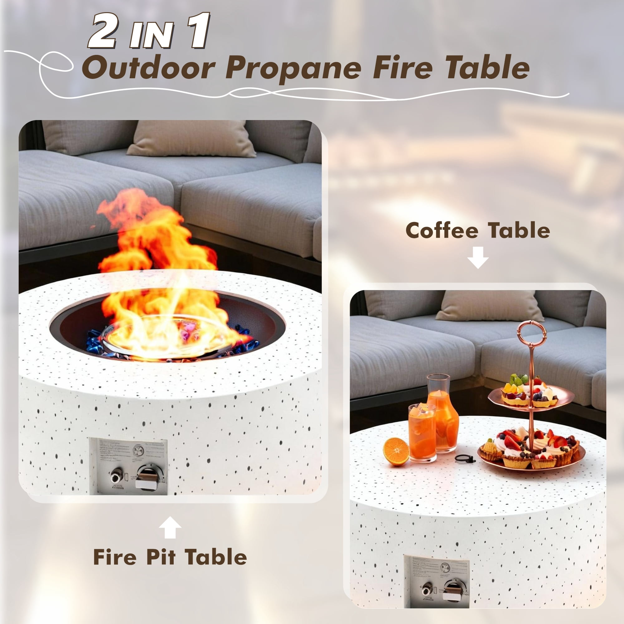 Vornel 30" Round Iron Fire Pit, 50000 BTU with LED Light & Lid, for Home & Camping（White/ Golden Light）
