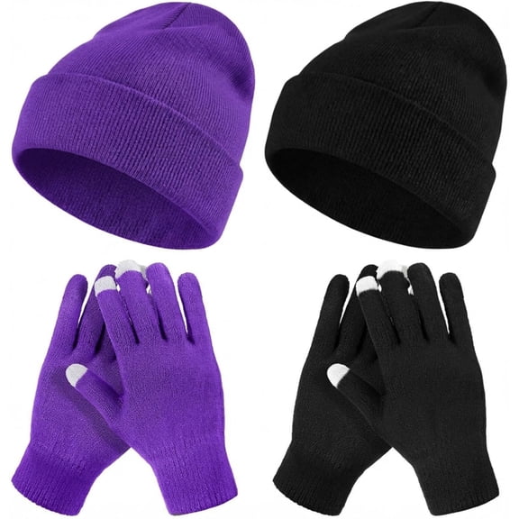 4 Pcs Winter Knit Beanie Hat and Touchscreen Gloves Set for Women Men Warm Acrylic Cap and Gloves Set