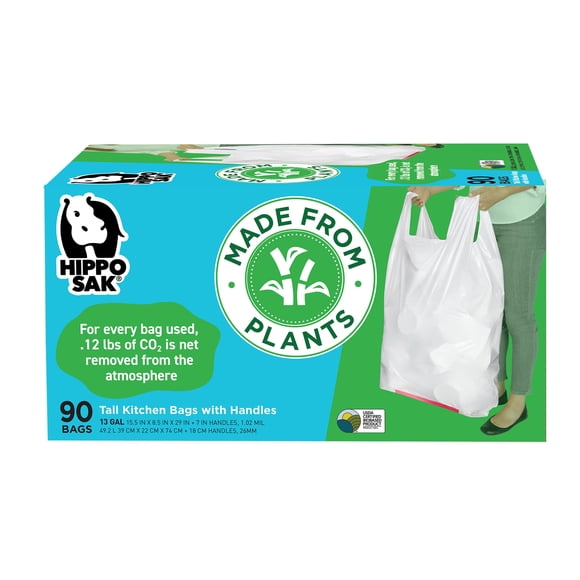 Hippo Sak - Plant Based Tall Kitchen Garbage Bags with Ergonomic Handles - 13 Gallon Trash Bags - Recyclable & Eco Friendly - Super Strong and Leak P