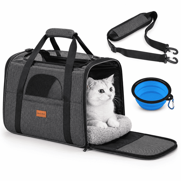 Morpilot Cat Carrier with Water Bowl, Dual-Sided Cushion & Safety Buckle,Travel Pet Carrier for Medium or Large Cats and Small Dogs up to 20 lbs, Dark Gray