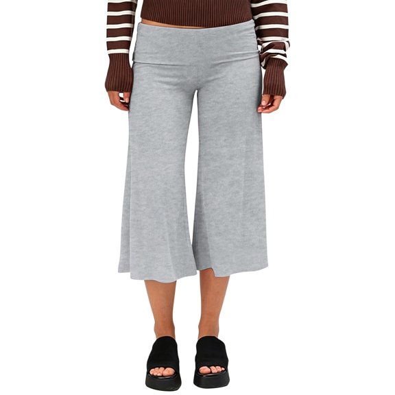 CQONEPT Yoga Pants for Women Flowy Capri Pants Wide Leg Low Rise Capris Foldover Fall Fashion Cropped Leggings Gray L