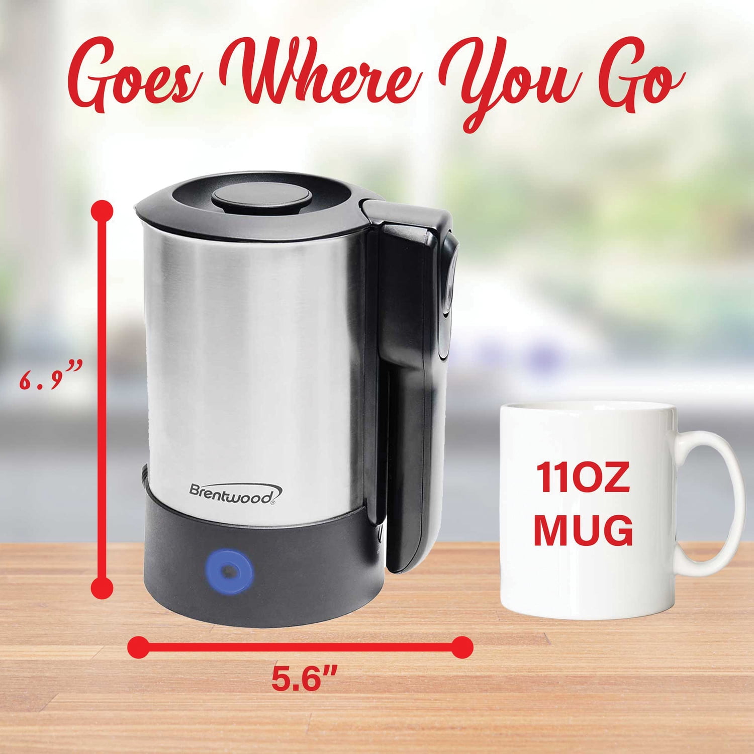 Brentwood 1000-Watt 20-Oz. Dual-Voltage Stainless Steel Electric Travel Kettle, Automatic Shutoff