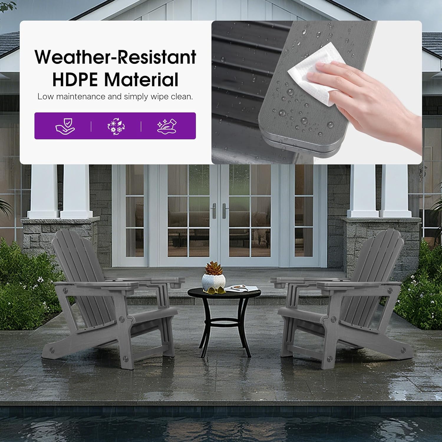 PURPLE LEAF Adirondack Chair Set of 2 HDPE All-Weather Outdoor Fire Pit Chair with 24.6" Oversized Seat Wood-Textured Patio Adirondack Chair with Dual Cup Holders for Garden Deck Backyard, Gray
