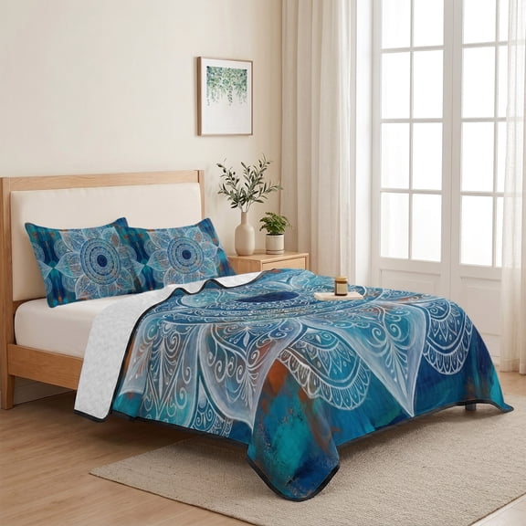Bohemian Floral Twin Size Quilt Set Lightweight Bedspread Coverlet Set, Art Boho Sacred Geometrical Silver Mandalas Blue Quilted Bedding Cover with 2 Pillow Shams for All Season Layering 68"x86"