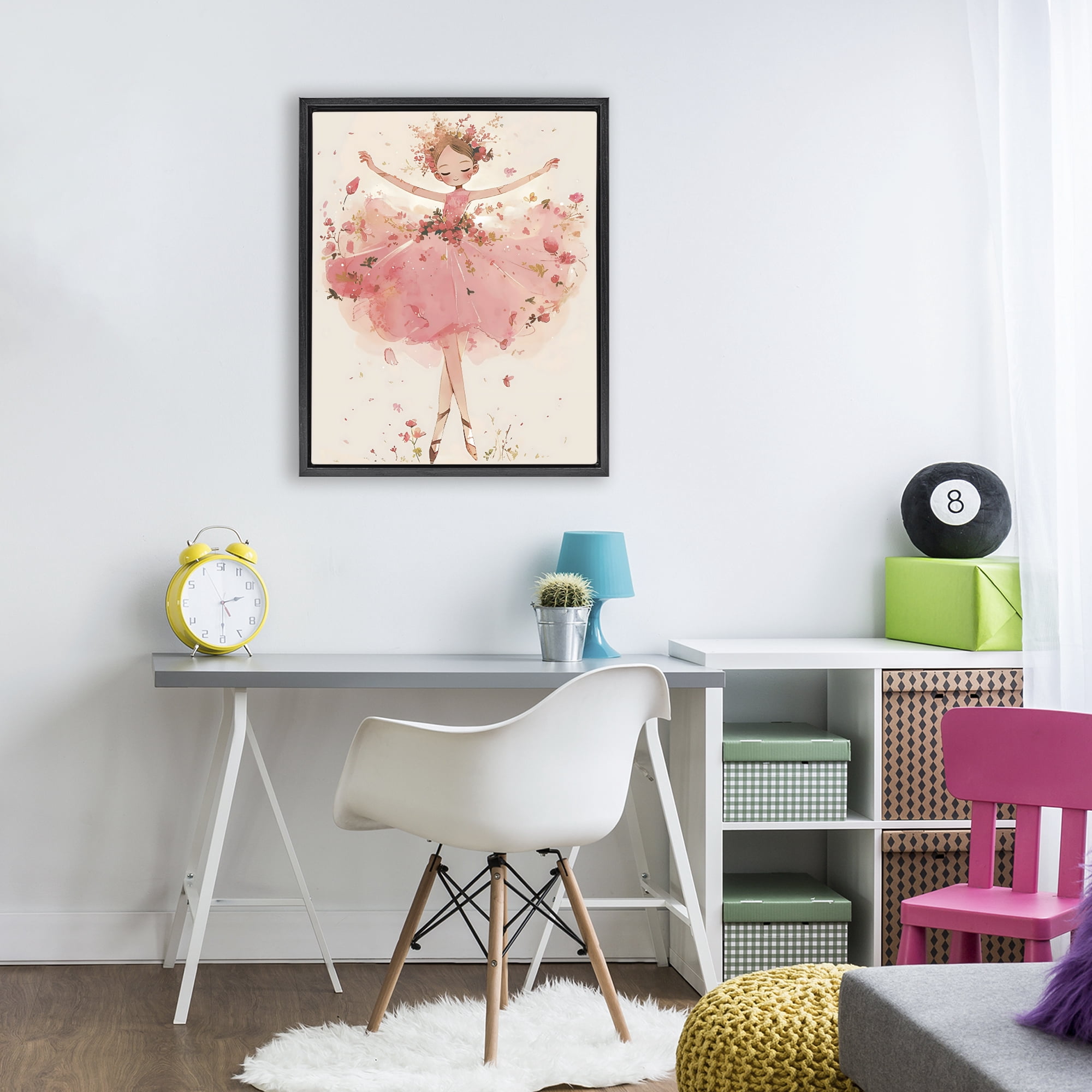 Stupell Industries Pink Floral Dress Ballerina Black Framed Floater Canvas Wall Art, design by Creative Studio