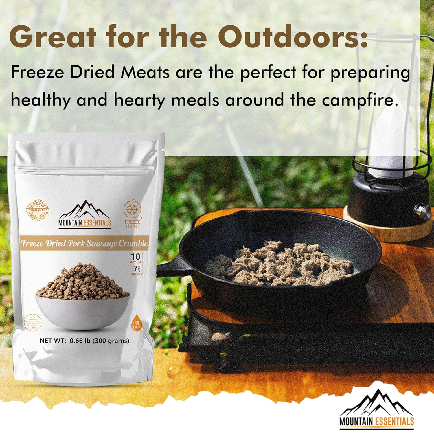 Mountain Essentials Freeze-Dried Pork Sausage Crumble – Fully Cooked, Ready to Eat – 10 Servings – Emergency, Camping, Daily Meals – 7-Year Shelf Life – Made in USA