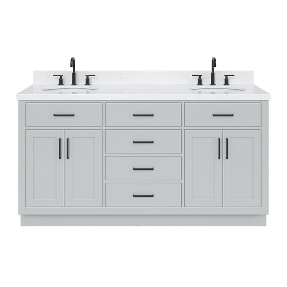 Ariel Hepburn 66 Inch Double Oval Sink Bathroom Vanity With Carrara White Quartz Countertop 1.5 Edge In Grey