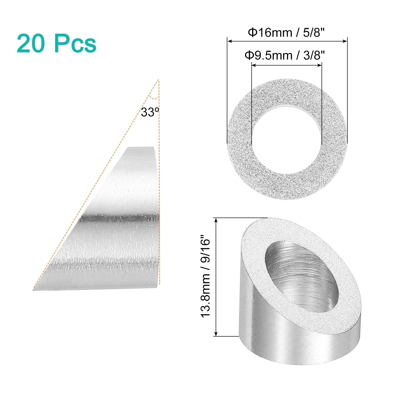 Uxcell 20 Pack 3/8 Inch 33 Degree Angle Beveled Washer, Silver