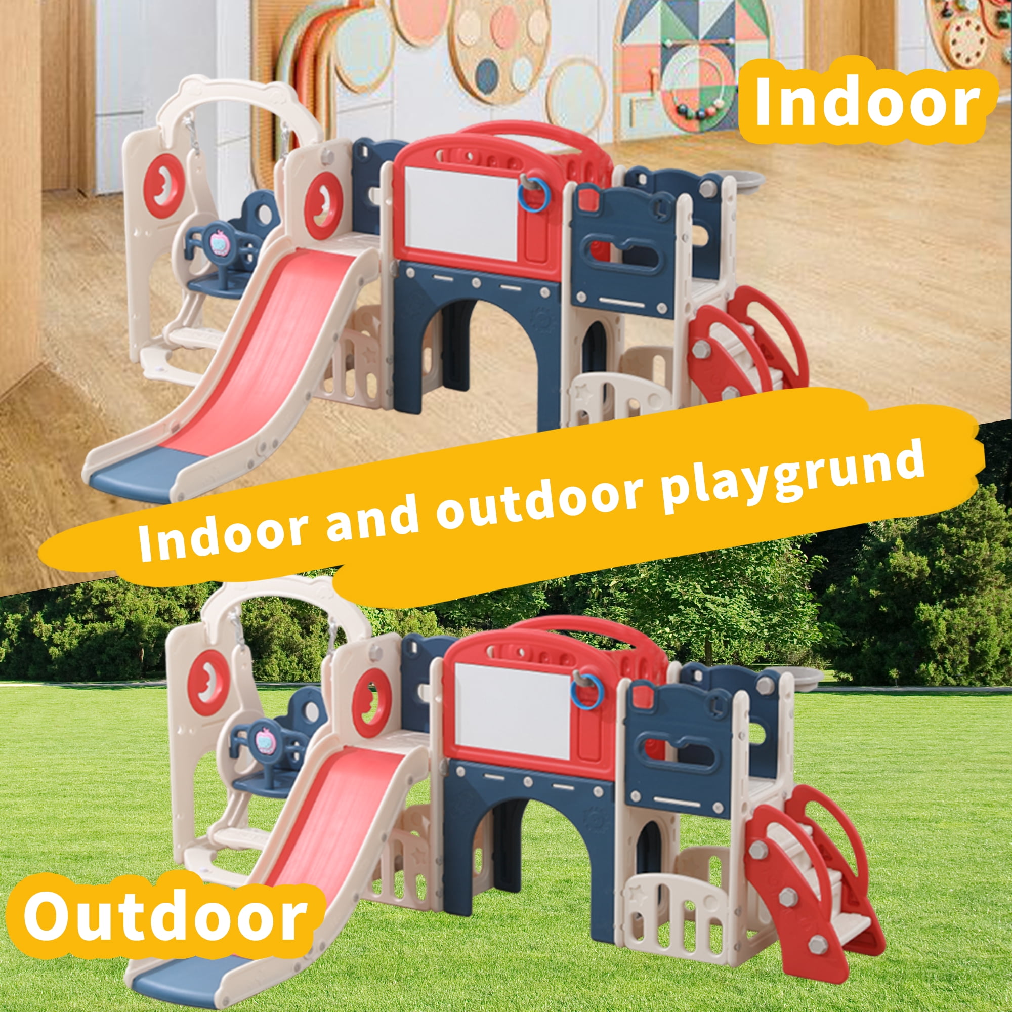 12 in 1 Toddler Playset Swing & Slide, Indoor/Outdoor Climber Crawl Tunnel for 1-3 Year Olds, Eco-Friendly Backyard Playground