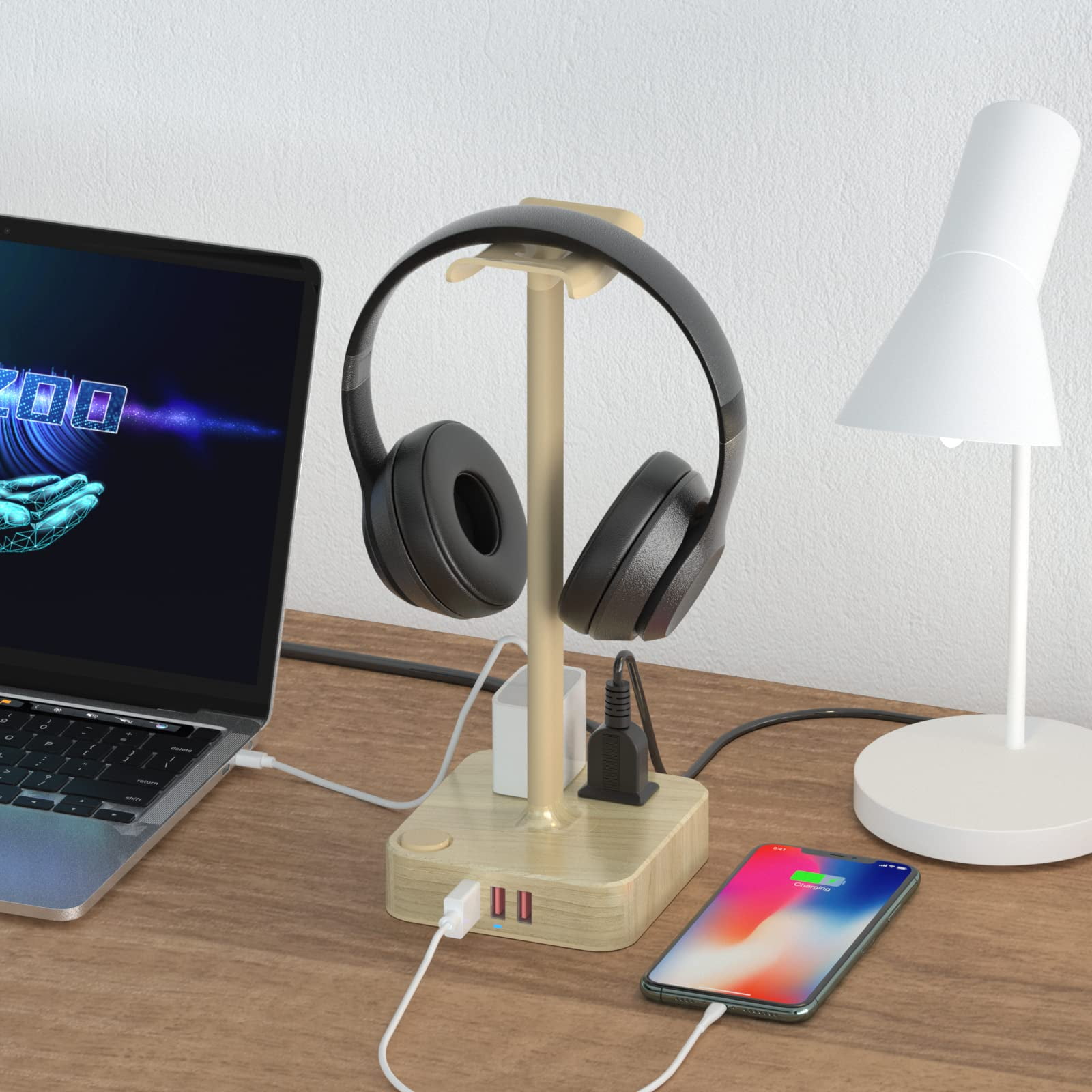 cozoo Headphone Stand with USB Charger Desktop Gaming Headset Holder Hanger  with 3 USB Charger and 2 Outlets - Suitable for Gaming, DJ, Wireless  Earphone Display,Gaming Desk Accessories,Gifts for Him 