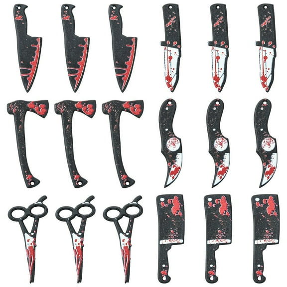 1bag 12pcs 6 styles Opaque Resin Horror Goth Pendants Bloody /Axe/Scissor Charm for Jewelry Earring Making Black 49~50x11~22x2~2.5mm Hole: 1.4mm 2pcs/style