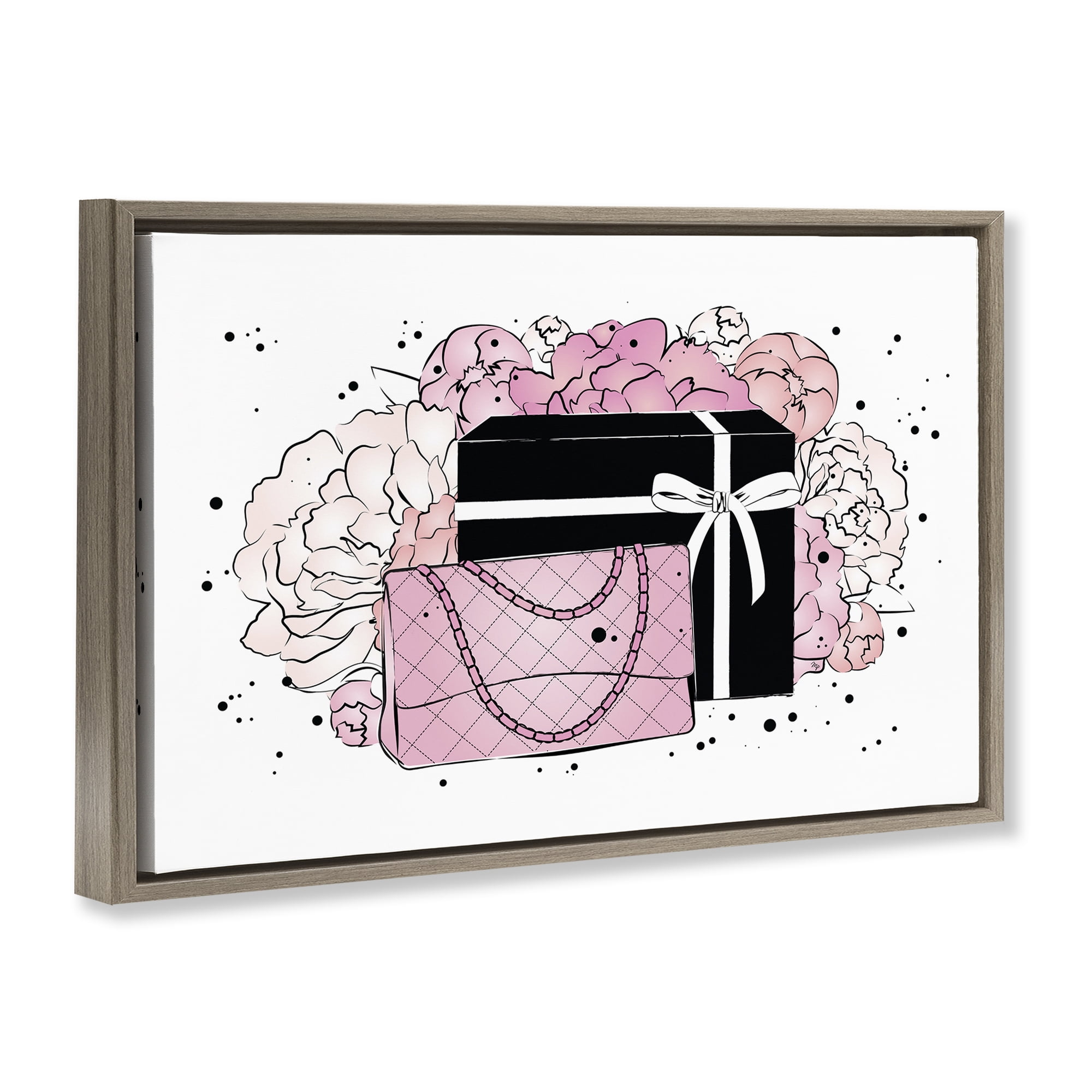 Stupell Industries Peony Swathed Handbags Fashion Painting Brown Floater Framed Canvas Art Print Wall Art, 25 x 17