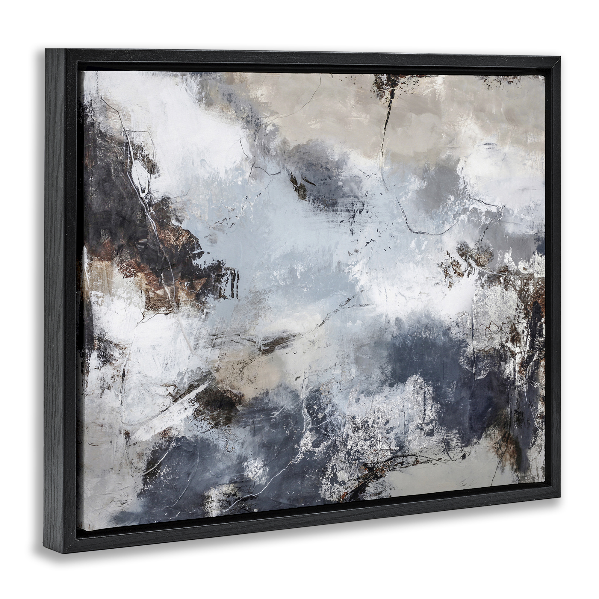 Stupell Industries Grey Organic Abstract Abstract Painting Black Floater Framed Canvas Art Print Wall Art, 31 x 25