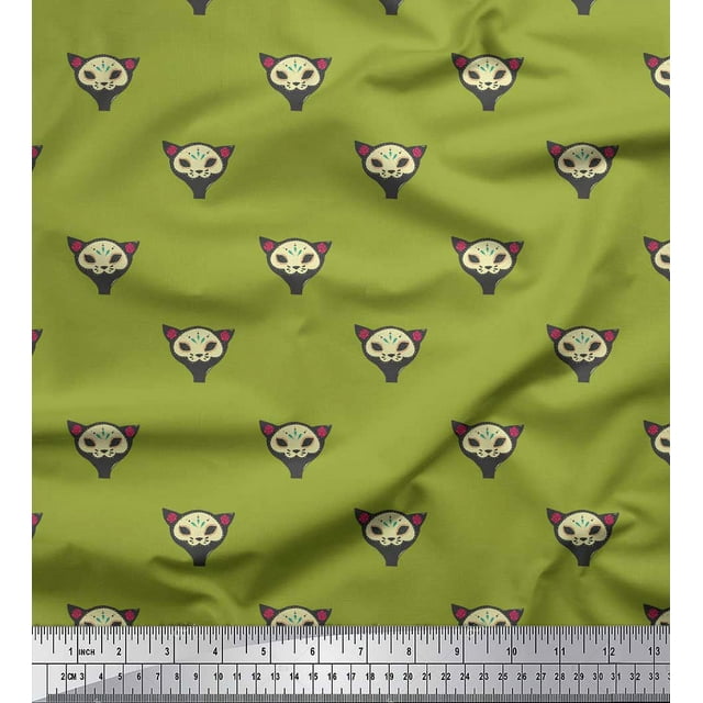 Soimoi Green Poly Georgette Fabric Tribal Cat Face Print Fabric by Yard 52 Inch Wide