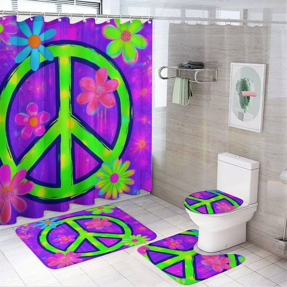 Colorful Peace Sign with Flowers Shower Curtain Bathroom Sets Toilet Lid Rug, Bath Mat And Contour Mat, Shower Curtain 4Pcs