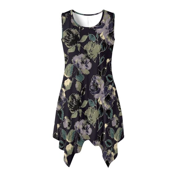 HELLHERO Summer Sleeveless Dress, Floral Print Side Pockets Asymmetric Hem Midi Dress, Irregular Hem Round Neck Sundress for Holiday Vacation