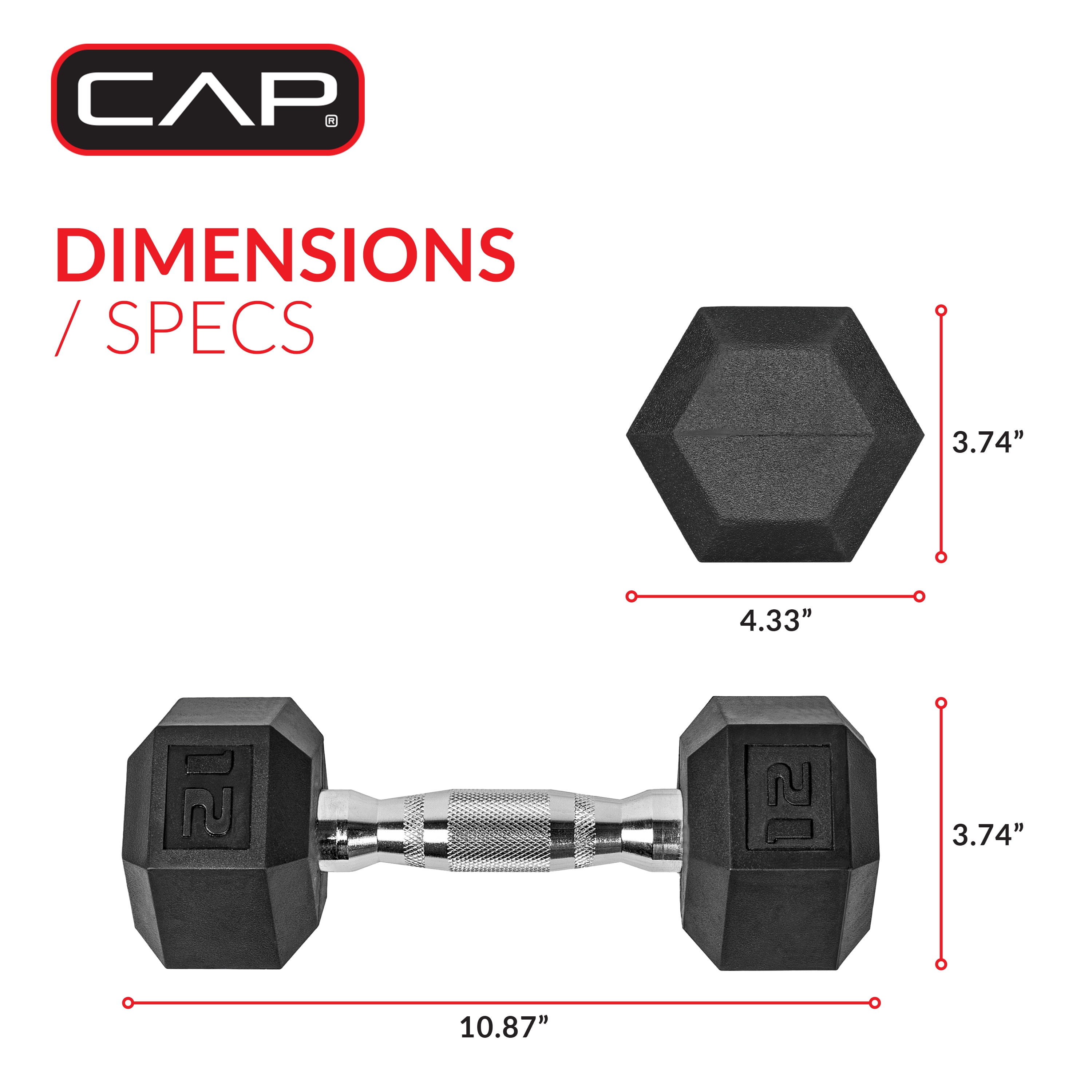 CAP Barbell, 12lb Coated Rubber Hex Dumbbell, Pair (No-Roll Design, Ergonomic Steel Handle, Durable Coated Weight)