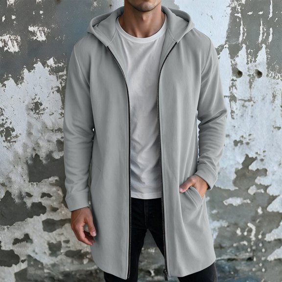 FSYBOA Men's Zipper Hoodies Size 3XL, Casual Winter Loose Fit Long Sleeve Long Hooded Jackets Gray