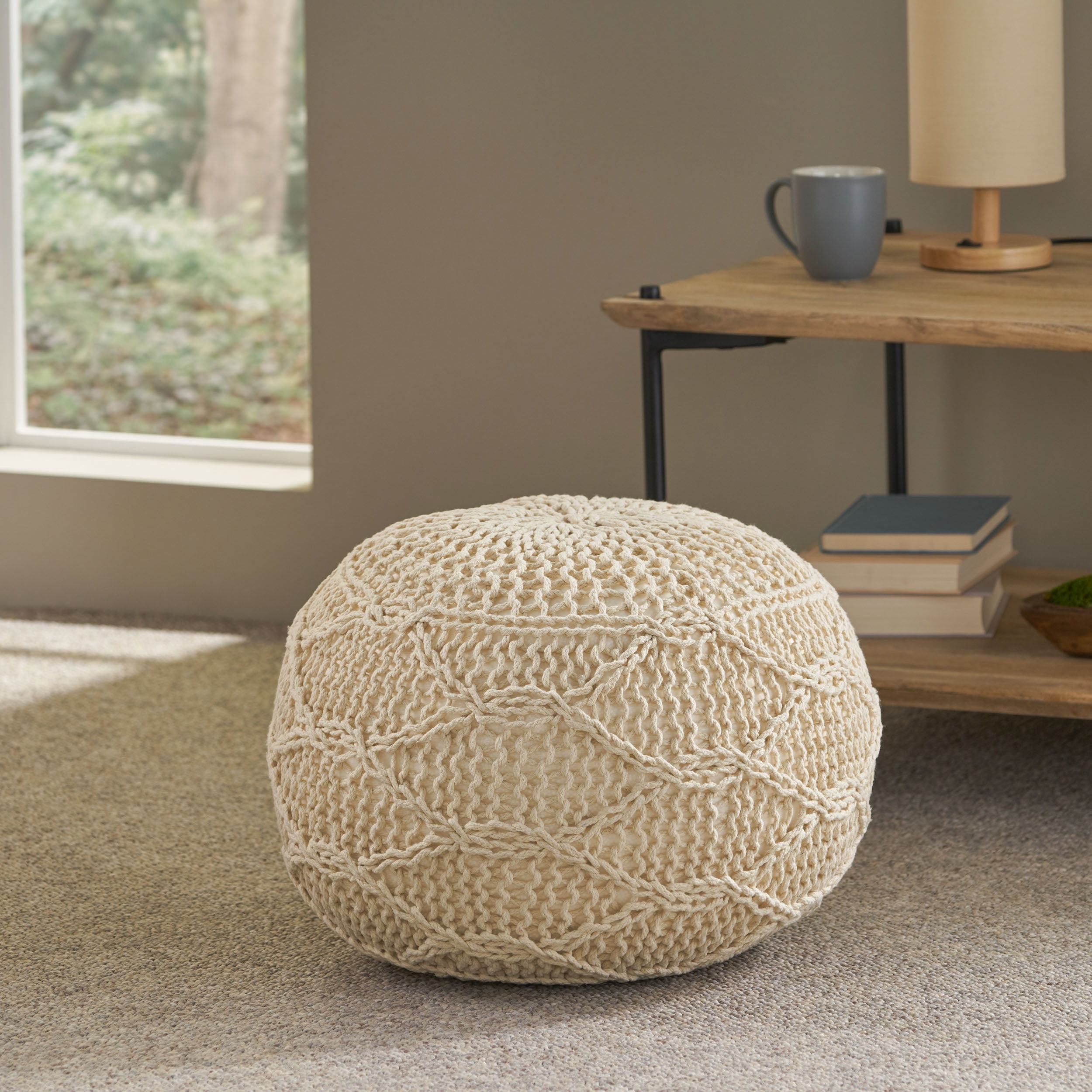 Desert Fields Maysville Cotton Knitted Round Pouf, Ivory, 20" x 14"