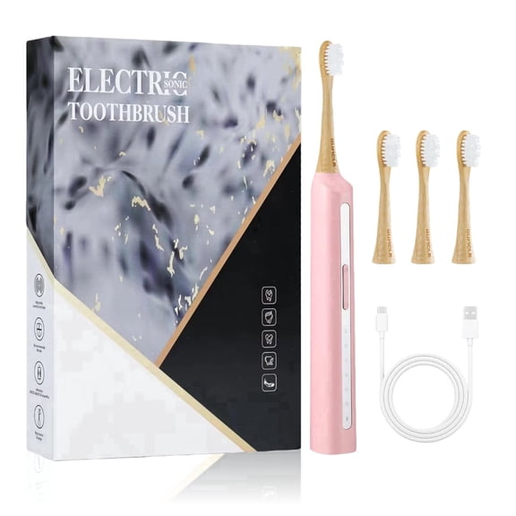 GUFICLE Sonic Bamboo Electric Toothbrush Set - 4 Biodegradable Heads, 5 Modes, Waterproof Zero Waste Sustainable Toothbrush, Pink