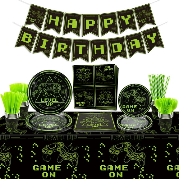 Green Video Game Party Decorations - 162Pcs Gaming Decorations Includes Game On Plates, Napkins, Cups, Birthday Banner Birthday Decorations for Boys Gamer Level Up Gaming Party Supplies, Serve 20