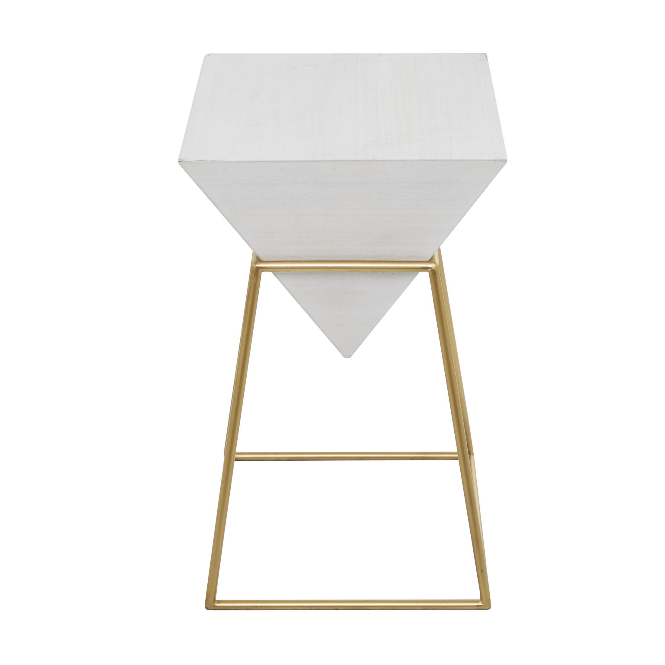 DecMode 14" x 24" White Wood Inverted Pyramid Geometric Accent Table with Gold Metal Stand, 1-Piece