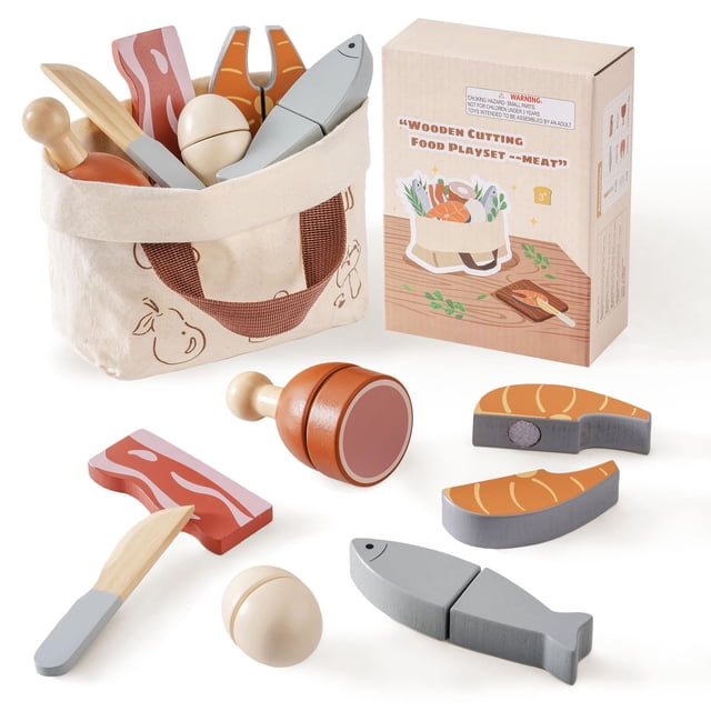 Juego Wooden Play para cortar carne y huevos ROBOTIME con bolsa