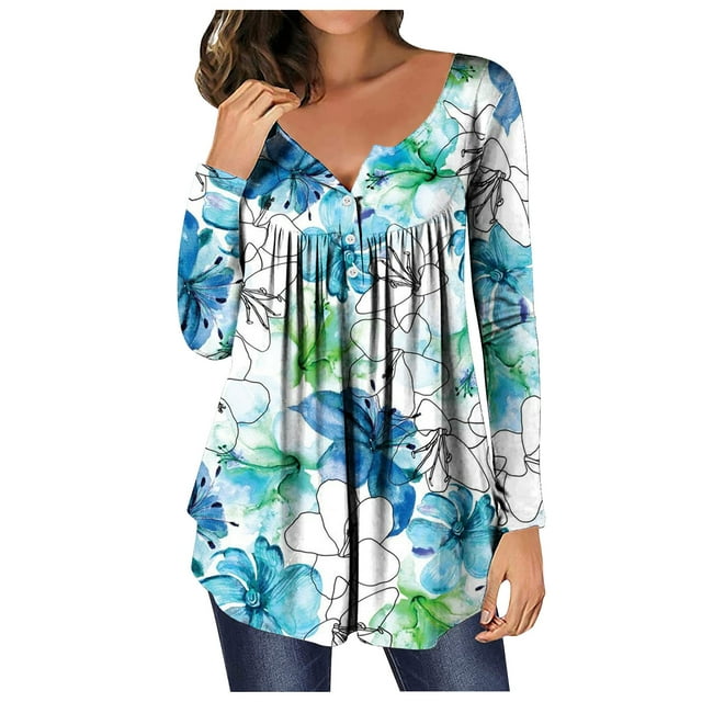 Women's Fall Henley V Neck Button Up Tunic Tops Flowy Long Sleeve Blouse for Leggings Ruched Floral Printed T-Shirts