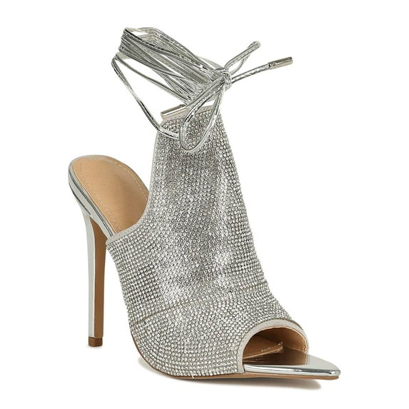 Women Rhinestone Open Pointy Toe Lace-Up Stiletto Booties 19378