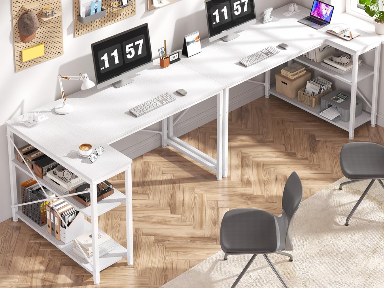 CHTER Small Computer Desk with Storage Shelves & Side Bag, 40 Inch L Shaped Gaming Desk with Power Outlets, Corner Desk Study Writing Table for Home Office Bedroom Living Room, White