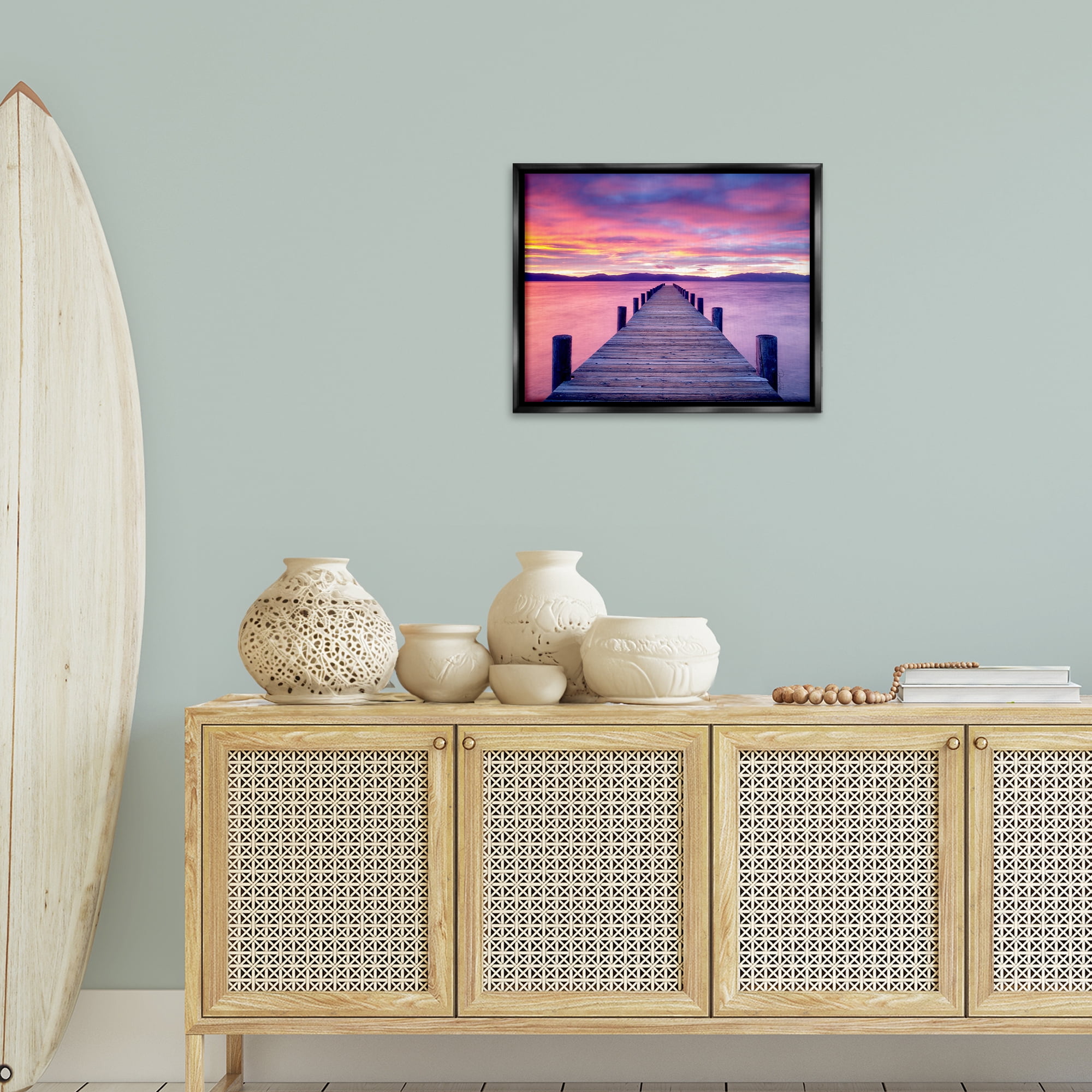 Stupell Industries Purple Sunset Dock Landscape Photography Black Floater Framed Canvas Art Print Wall Art, 21 x 17