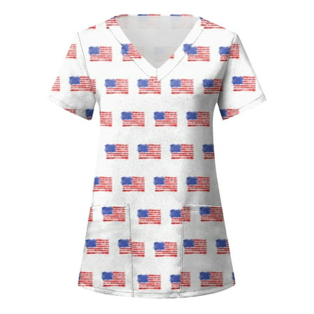 

Women Scrubs Top Independence Day Printed Daily V Neck 4th Of July Printed Short Sleeve Workout Casual Loose Tees Nurses Clothes With Pocket Daily Nursing Uniforms Nursing Care Working Uniforms