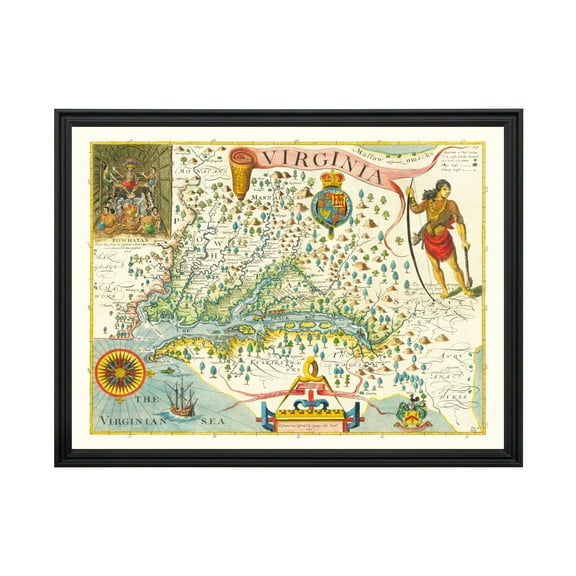 Virginia Art, 1612 Vintage Map of Virginia History Wall Decor Gift, Old Virginia Map - 24" x 18" Black Framed Print