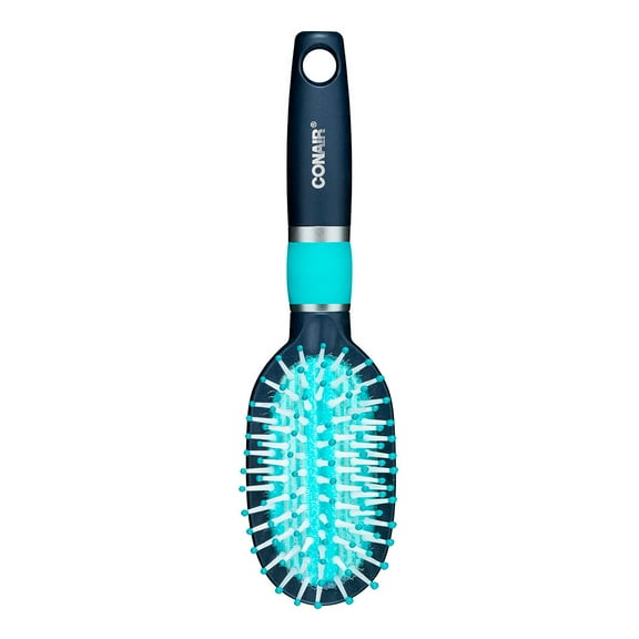 Conair Quick Smooth Mid-Size Cushion Hairbrush with De-Poof Shine Technology to Touch Up and Style Healthy Hair All Day, Navy and Baby Blue, 1ct