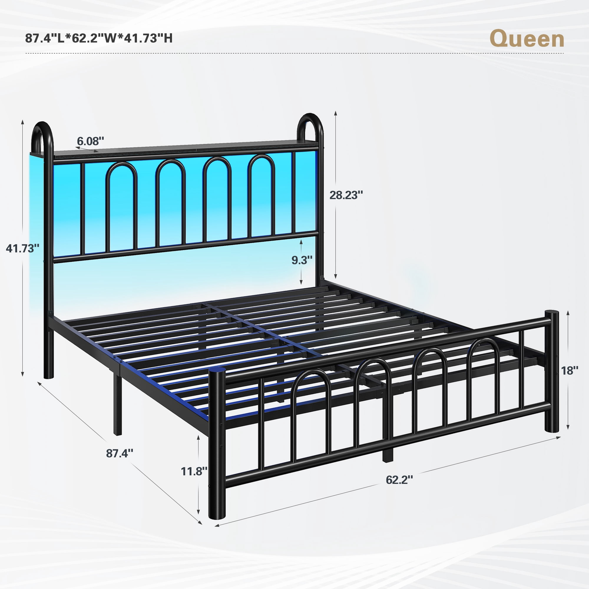 EnHomee Queen Size Metal Platform Bed Frame with Headboard Metal Bed Frame with LED Lights Queen Bed Frame with Underbed Storage,Black