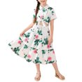 thumbnail image 2 of Conjunto de falda y top corto con estampado floral y solapa de manga corta para niña + falda con cintura elástica Conjunto de falda dulce diaria Conjunto de poliéster para niña, 2 of 9