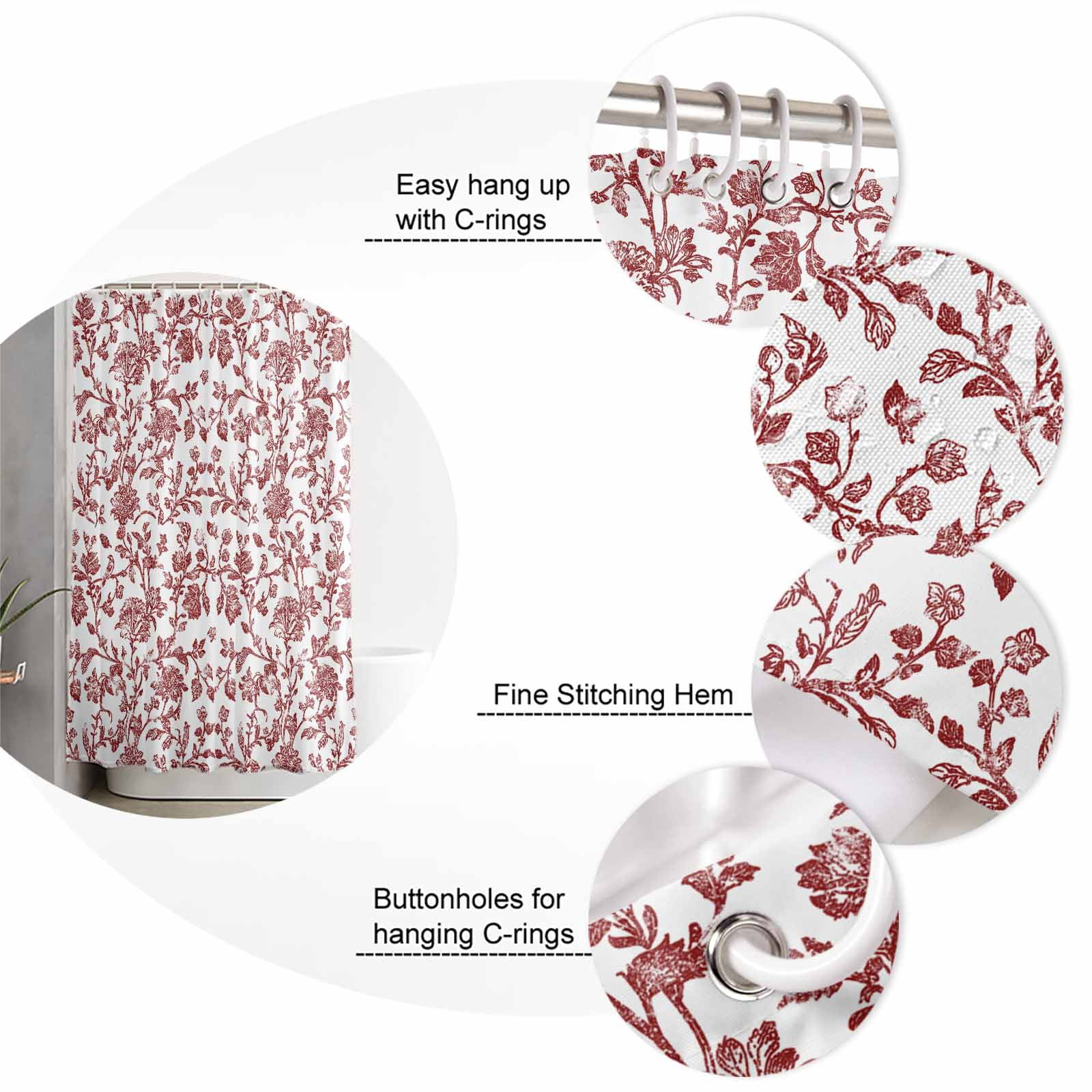 Red Boho Flower Bathroom Curtain 72 Inch Shower Curtain with Hooks, Vintage Paisley Farmhouse Pattern Waterproof Polyester Bath Curtain Washable Bathtub Curtain 48''x 72''