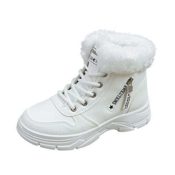 Dpityserensio Women's Boots Fall Winter Winter Plus Velvet Warm Short Boots Solid Color Round Toe Front Lace-Up Thick Bottom Flat Ankle Boots