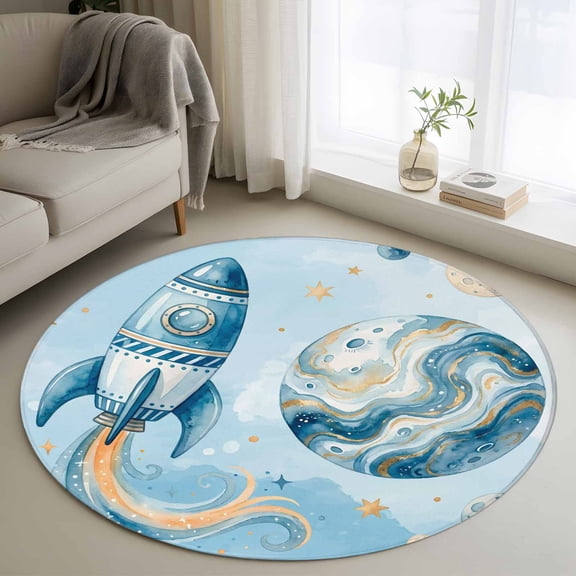 Round Area Rugs Collection 3.3 Ft, Blue Ombre Space Rocket Non-Slip Residential Carpet, Modena Abstract Universe Planet Indoor Crawling Mats Doormat Runner Rugs Play Mat forBedroom