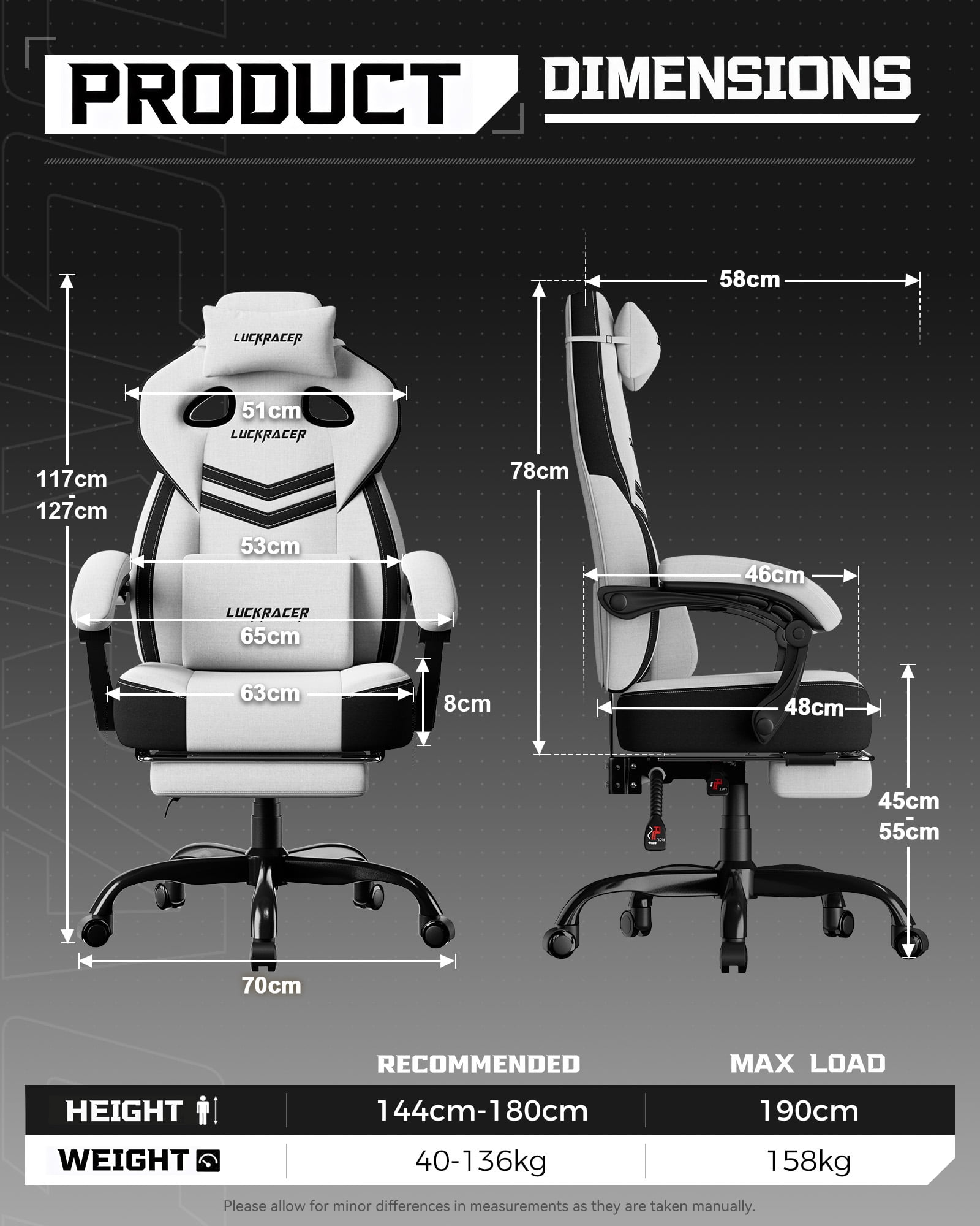LUCKRACING Fabric PC Gaming Chair with Footrest and Lumbar Support, White