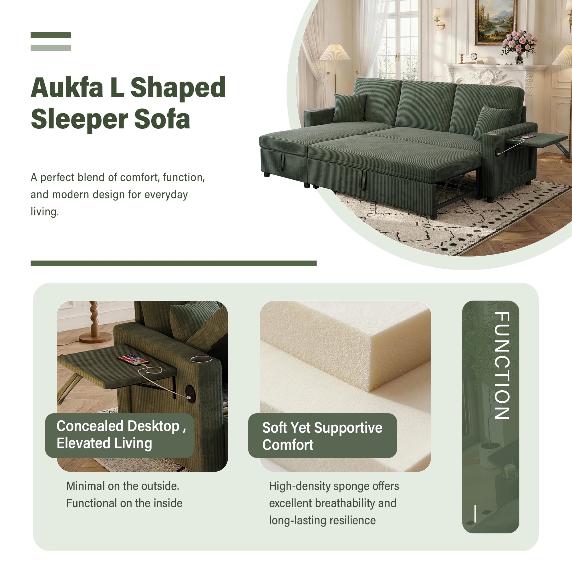 Aukfa 83" L-Shaped Sleeper Sleeper Sofa with Storage Chaise & Rotating Side Table, L-Shaped Corduroy Convertible Couch with USB/Type-C Ports,Green