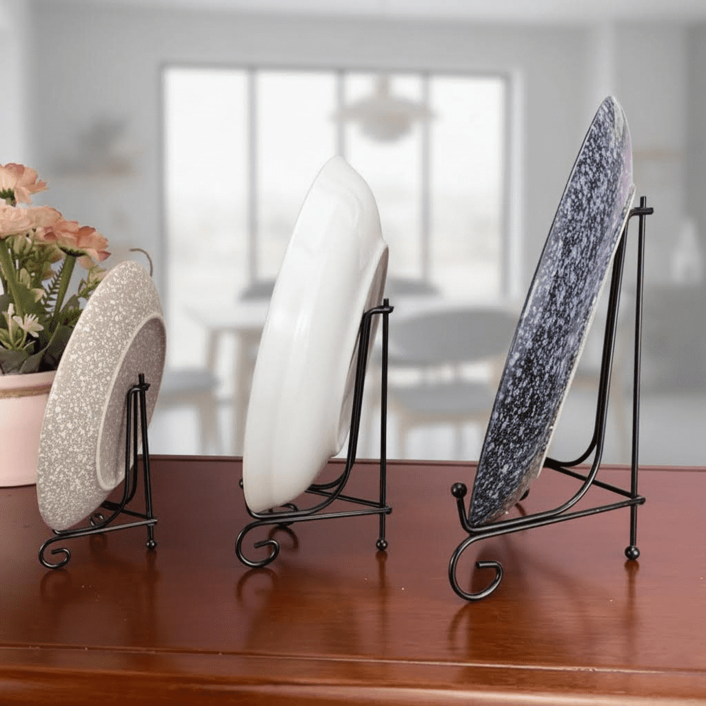 Set of 6 Black Iron Plate Display Stands in 3 Sizes (4, 6, 8 Inch) - Versatile Metal Easel Holders for Plates, Pictures, Books, Cards, Plaques, and Bowls