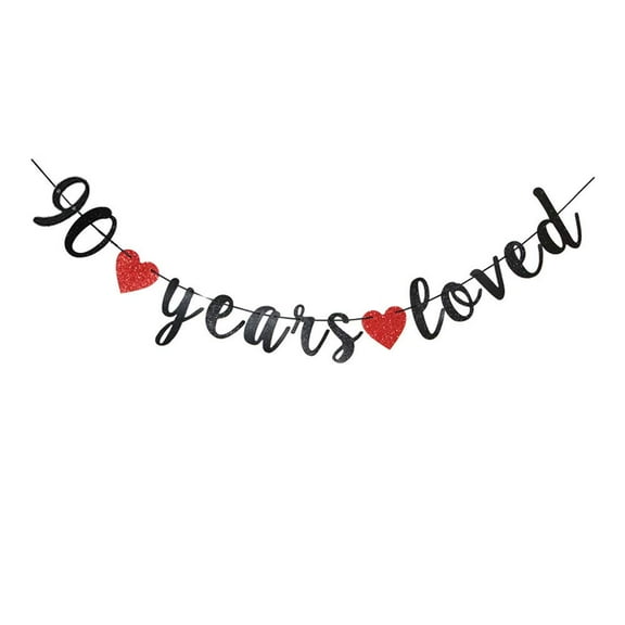 90 Years Loved Black Banner, 90th Birthday Party Bunting Sign, Happy 90th Wedding Anniversary Party Decoration Garlands